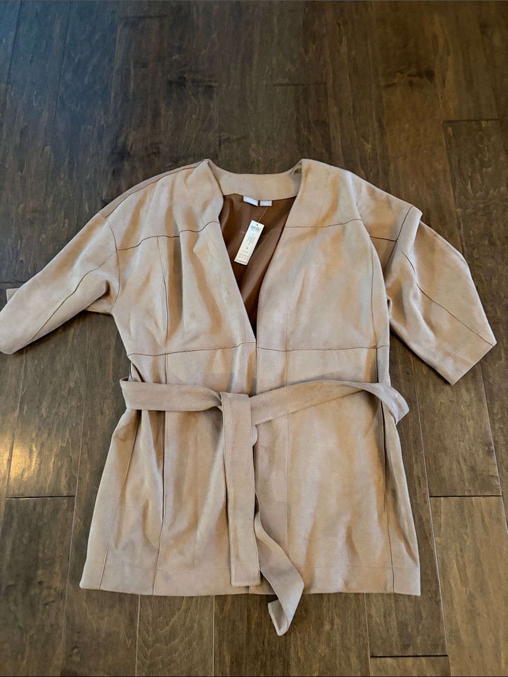 Chico's Beige Taupe Suede-Effect Open Front Belted Jacket